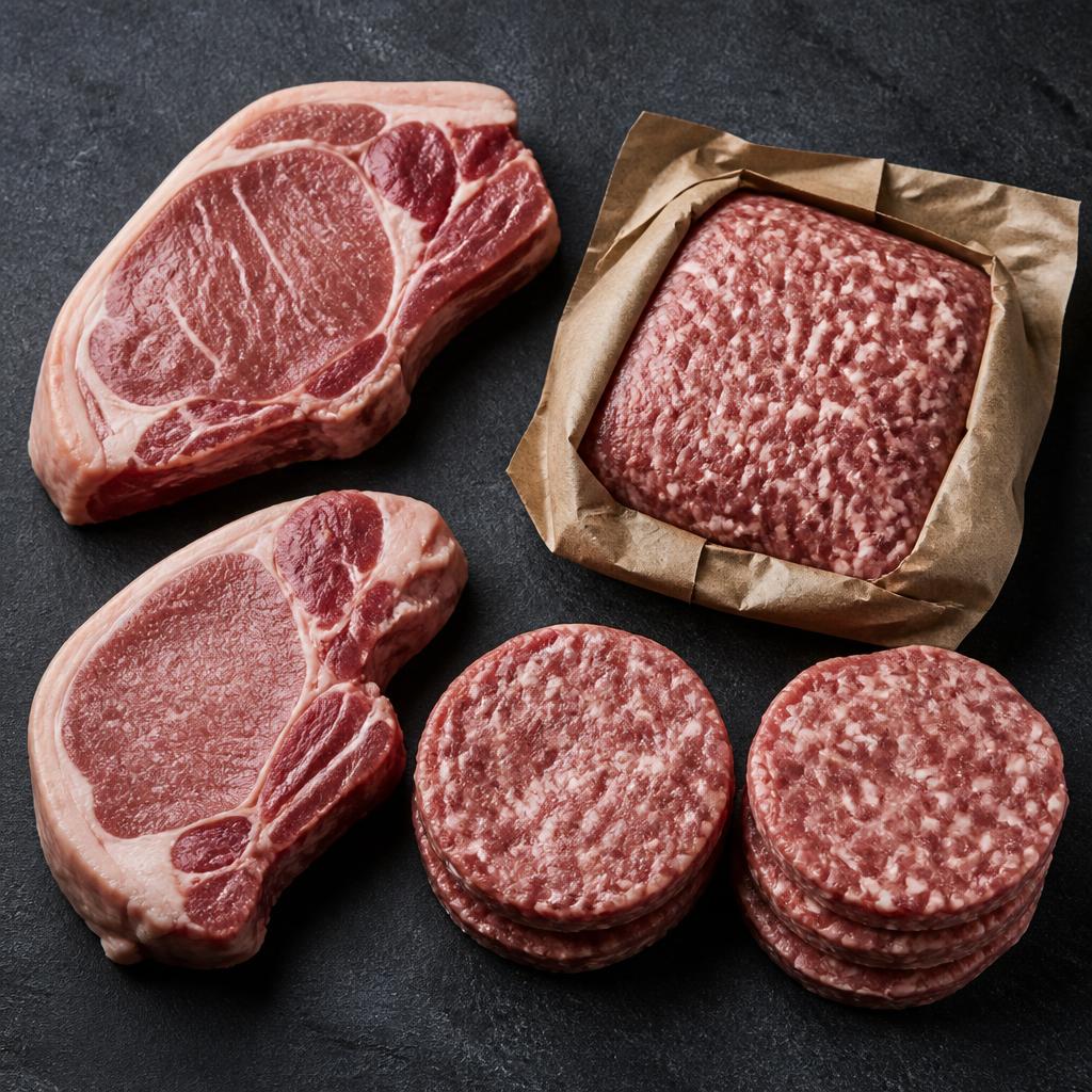The Backyard Bundle: two boneless pork chops, 1 lb ground pork, and two packs of breakfast sausage patties on dark slate