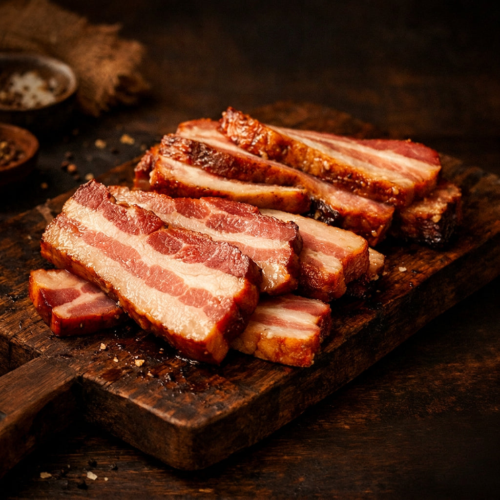 Thick-cut hickory smoked Berkshire and Blue Butt bacon on a wooden board