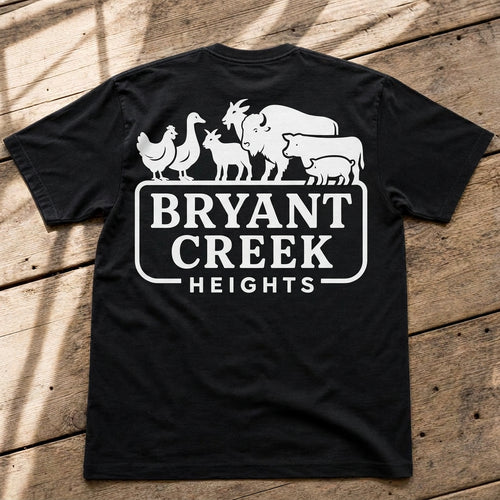 Black Bryant Creek Heights logo tee, back view with large white animal badge logo