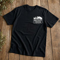 Black Bryant Creek Heights logo tee, front view with small white animal badge logo on the chest