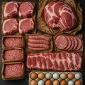 The BIG Bundle: pork chops, bone-in shoulder, ground pork, hot Italian sausage, spare ribs, breakfast sausage patties, and a dozen eggs