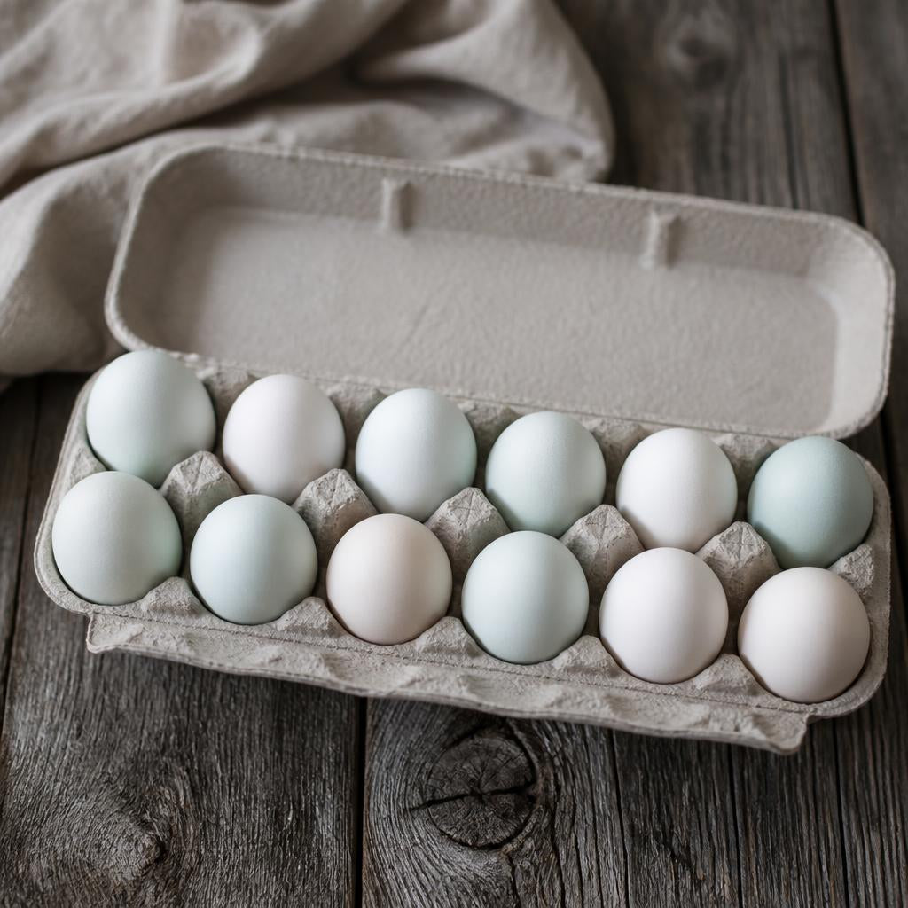 One dozen farm-fresh duck eggs with cream white and pale blue shells
