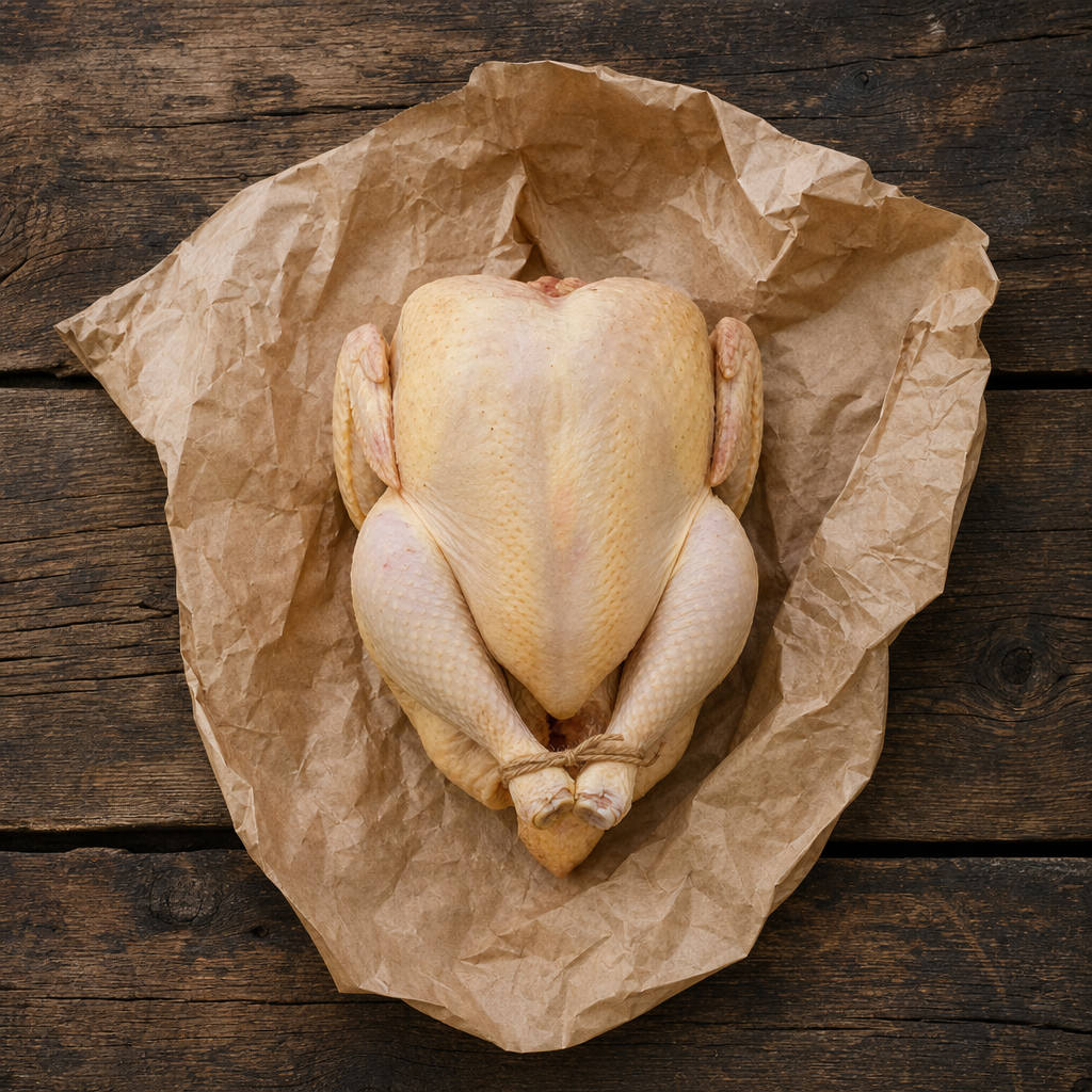 Whole pasture-raised chicken on butcher paper
