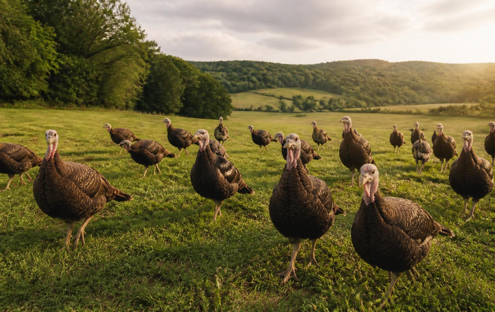 Pasture-raised turkeys on grass at Bryant Creek Heights in Conway, Pennsylvania